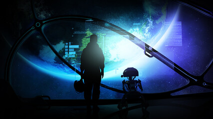 Wall Mural - astronaut with droid at the porthole of a ship in orbit of the earth.