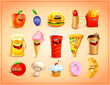 Funny crazy cartoon food icons set - sweets, drinks and fast food characters