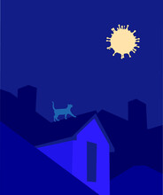 A Cat On The Roof Looking At Corona Virus  Moon