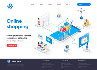 Leinwandbilder - Online shopping isometric landing page. E-commerce business, web solution for online shopping platform, order and delivery isometry web page. Website flat vector illustration with people characters.