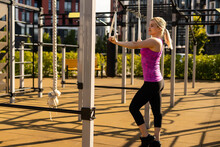 Fitness Woman Doing Situps In Outdoor Gym Woking Out Strength Training