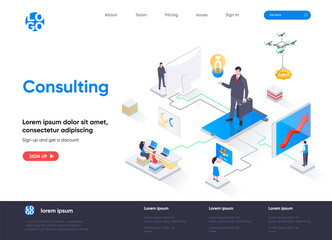 Poster - Consulting isometric landing page. Competent business expertise and law assistance, financial audit and accounting isometry web page. Website flat template, vector illustration with people characters.
