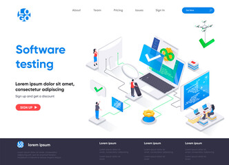 Aufkleber - Software testing isometric landing page. Software testing and quality assurance, search of bugs and analysis process isometry web page. Website template, vector illustration with people characters.