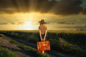 Sticker - Beautiful blonde girl with suitcase in countryside road in sunset time