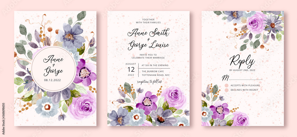 wedding invitation set with blue purple floral watercolor background - obrazy, fototapety, plakaty 