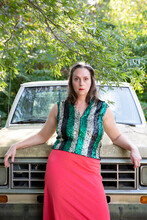 Woman In Vintage Striped Sequin Vest With Old Pick Up Truck 2