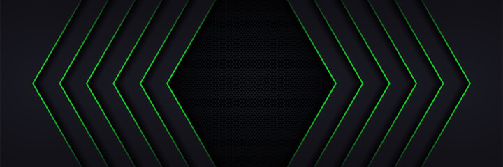 Wall Mural - modern abstract futuristic hexagon carbon fiber and glowing light green luminous lines in black dark