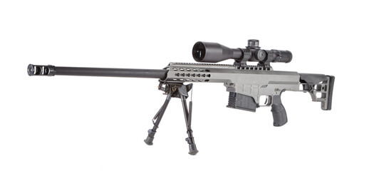 Wall Mural - Metallic grey sniper rifle with magazine inserted, optic and bipod, ready to fire a long range shot.