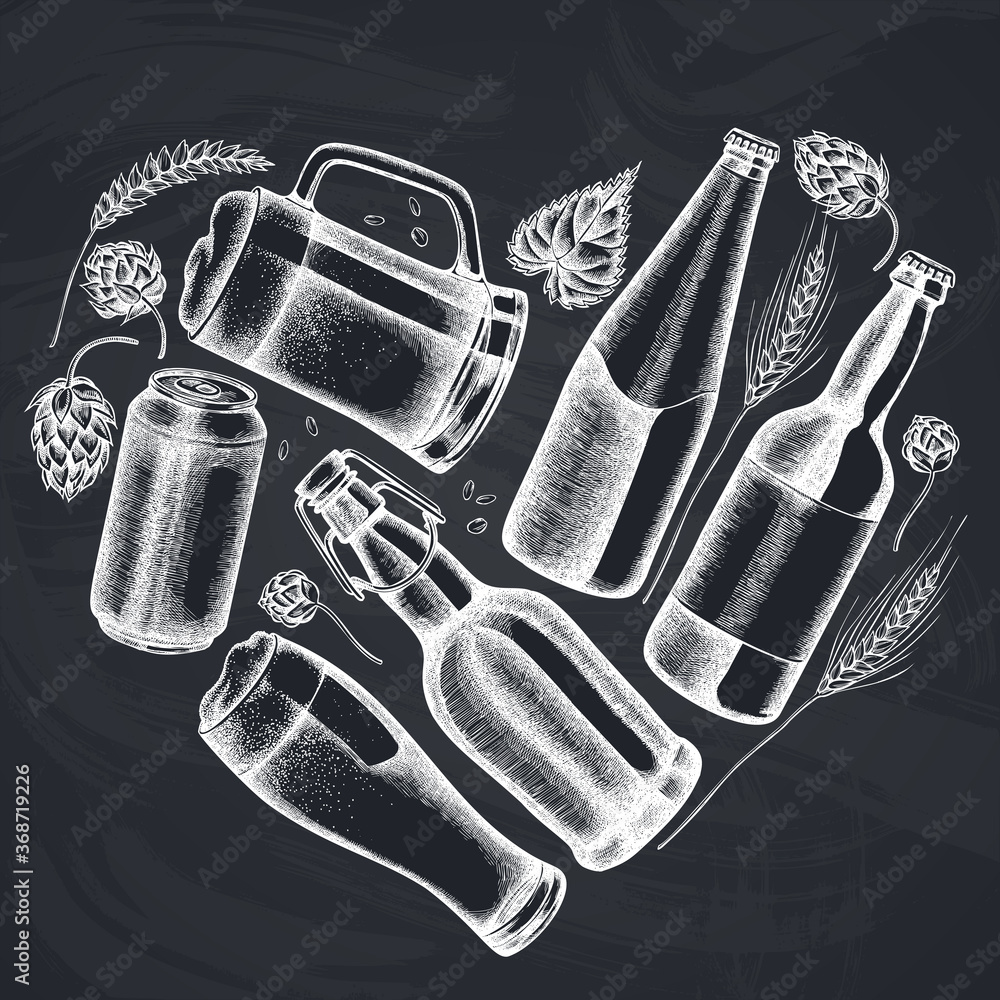 Heart design with chalk rye, hop, mug of beer, bottles of beer, aluminum can - obrazy, fototapety, plakaty 