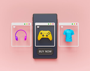 Wall Mural - shopping online on a smartphone. modern mobile application interface. minimal icons. 3d rendering