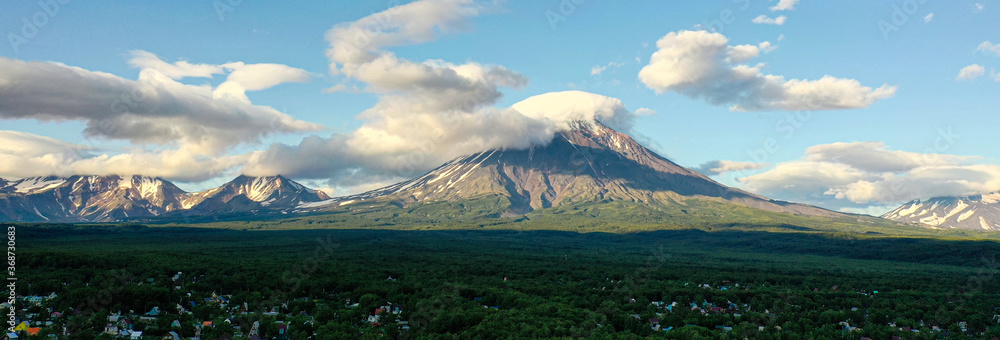Stunning summer panorama landscape view of volcanoes of Kamchatka ...