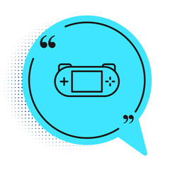 Black line Portable video game console icon isolated on white background. Gamepad sign. Gaming concept. Blue speech bubble symbol. Vector.