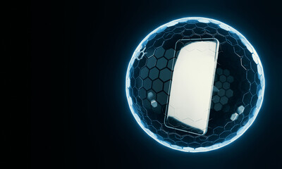 Wall Mural - 3d rendering of mobile phone inside spherical nano shield. concept for online shopping protection. p