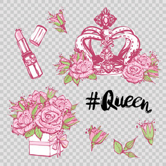 Wall Mural - Set of contemporary elements: pink lipstick, queen hashtag, luxury queen crown, bouquet of roses. Wedding patches illustration. Vector fashion hand drawn art in watercolor style.