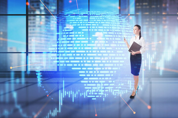 Wall Mural - Woman with clipboard in office, network