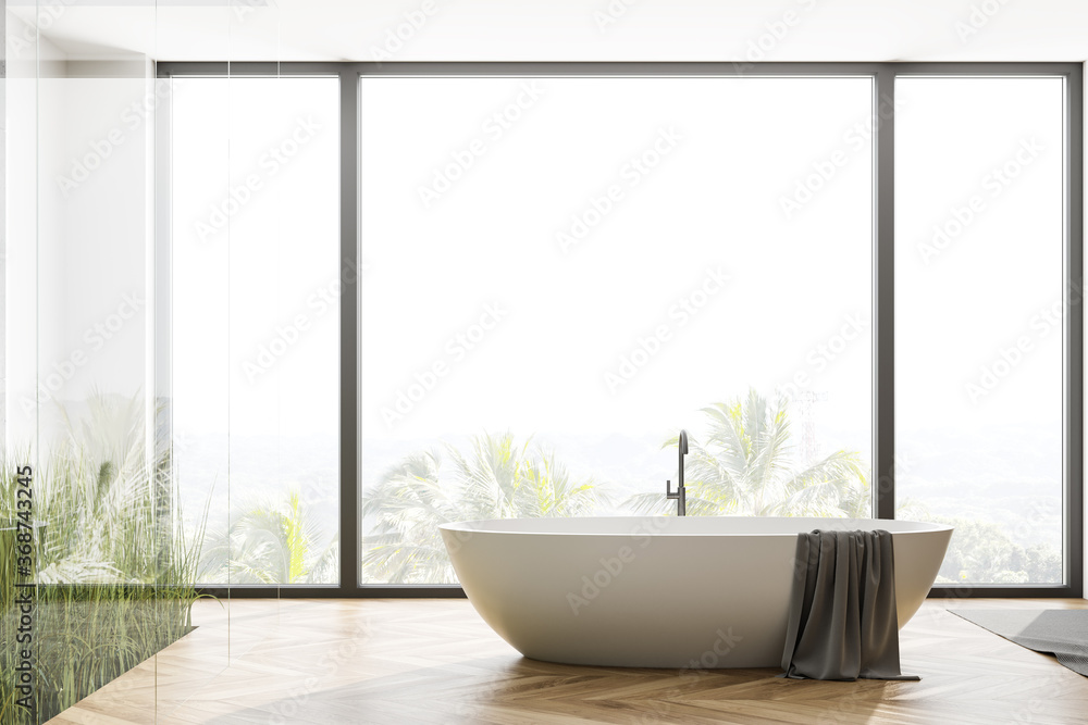 Panoramic wooden floor bathroom with tub - obrazy, fototapety, plakaty 