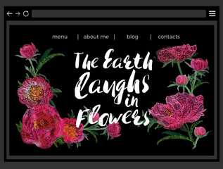 Wall Mural - The Earth laughs in flowers quote, Flowers blossom, peony beautiful flower bouquet. Spring web site design: vector patch embroidery, watercolor style. Vintage beautiful floral card on black background