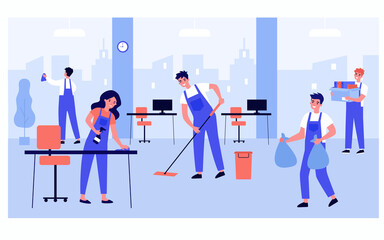 Cleaning staff team working in office isolated flat vector illustration. Cartoon professional janitors washing room from dirt. Cleaning service and hygiene concept