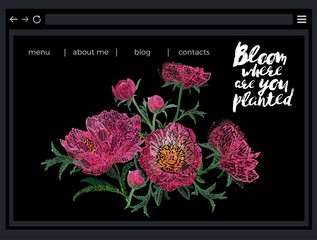 Wall Mural - Bloom where are you planted quote and Beautiful flowers composition. Spring web site design: vector patch embroidery in watercolor style. Vintage beautiful floral card on black background.