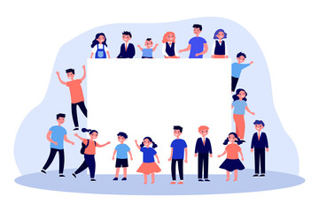 Wall Mural - Children of different ages around blank banner. Schoolchildren, pupils, copy space flat vector illustration. Kids community, back to school concept for banner, website design or landing web page