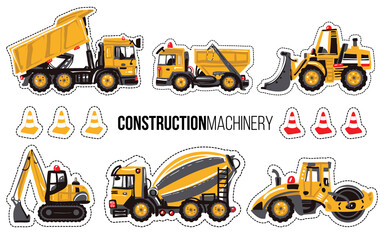 Sticker and patch set of construction machinery. Positive motivation quote, slogan. Decoration for children's clothes, fabrics, room boy parties for birthdays, invitation, website, mobile applications