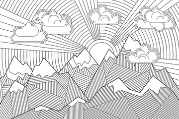 Wall Mural - Tops, mountain slopes, mountain landscape, hilly terrain. Pattern for coloring or background. Stylish vector illustration, monochrome. A linear pattern for design. Art. Nature.