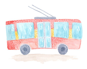 Cute colorful vector hand drawn watercolor trolleybus. Tender childish illustration of trolley isolated on white background for kids prints, educational apps, books