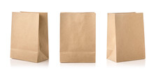 New Blank Brown Paper Bag For Food Packing. Studio Shot Isolated On White
