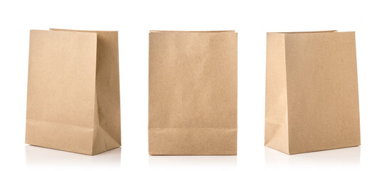 New blank brown paper bag for food packing. Studio shot isolated on white