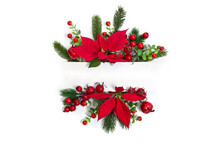 Christmas Decoration. Frame Of Flowers Of Red Poinsettia, Branch Christmas Tree, Apple, Red Berry With White Paper Card Note With Space For Text On A White Background. Top View, Flat Lay