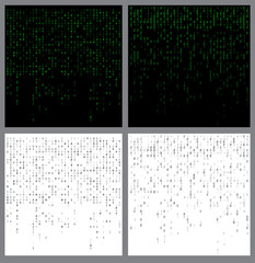 Binary code falling. Programming fading patterns set. Collection of zero one digits flowing down backgrounds. Futuristic technology backdrops with data script. Matrix effect. Conceptual numbers stream