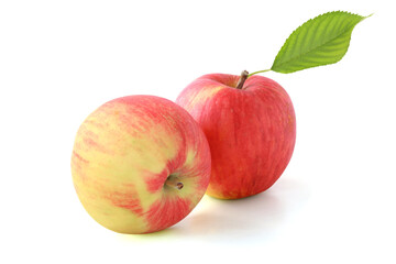 Two red-yellow apples with leaf  isolated on white