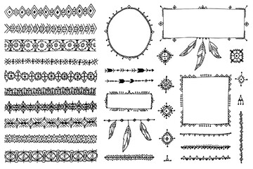 Vector floral decor set, collection of hand drawn doodle boho style dividers, borders, arrows design elements. Isolated. May be used for wedding invitations, birthday cards