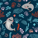 Fototapeta  - Cute cartoon style pattern with funny sharks and simple stylized corals.