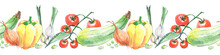 Seamless Border Pattern Of Watercolor Vegetables And Leaves For Salad
