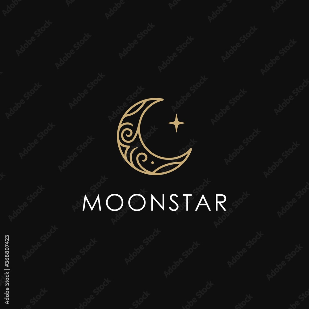 elegant crescent moon and star logo design line icon vector in luxury style outline linear, ramadan kareem, crescent moon and star illustration for background banner, abstract crescent moon logo - obrazy, fototapety, plakaty 