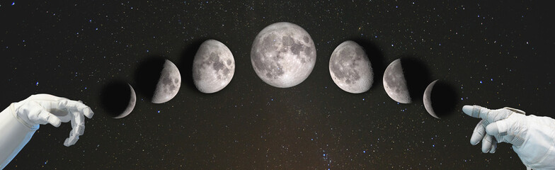 Canvas Print - hands point to the phases of the moon: waxing crescent, first quarter, waxing gibbous, full moon, wa