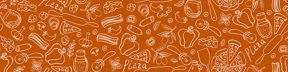 Wall Mural - Pizza with ingredients and supplies hand drawn seamless border. Food doodles on brown background. Vector illustration.