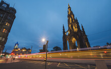 Light Trails From Tram At Night In Edinburgh