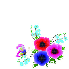 Wall Mural - Corner with blue forget me not flowers and anemones with a butterfly.