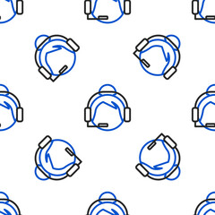 Sticker - Line Woman with a headset icon isolated seamless pattern on white background. Support operator in touch. Concept for call center, client support service. Colorful outline concept. Vector.