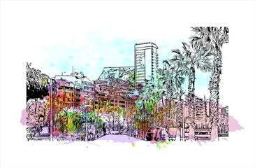 Building view with landmark of Alicante is a port city on Spain’s southeastern Costa Blanca. Watercolor splash with hand drawn sketch illustration in vector.