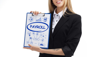 Business, technology, internet and network concept. Young businessman thinks over the steps for successful growth: Payroll