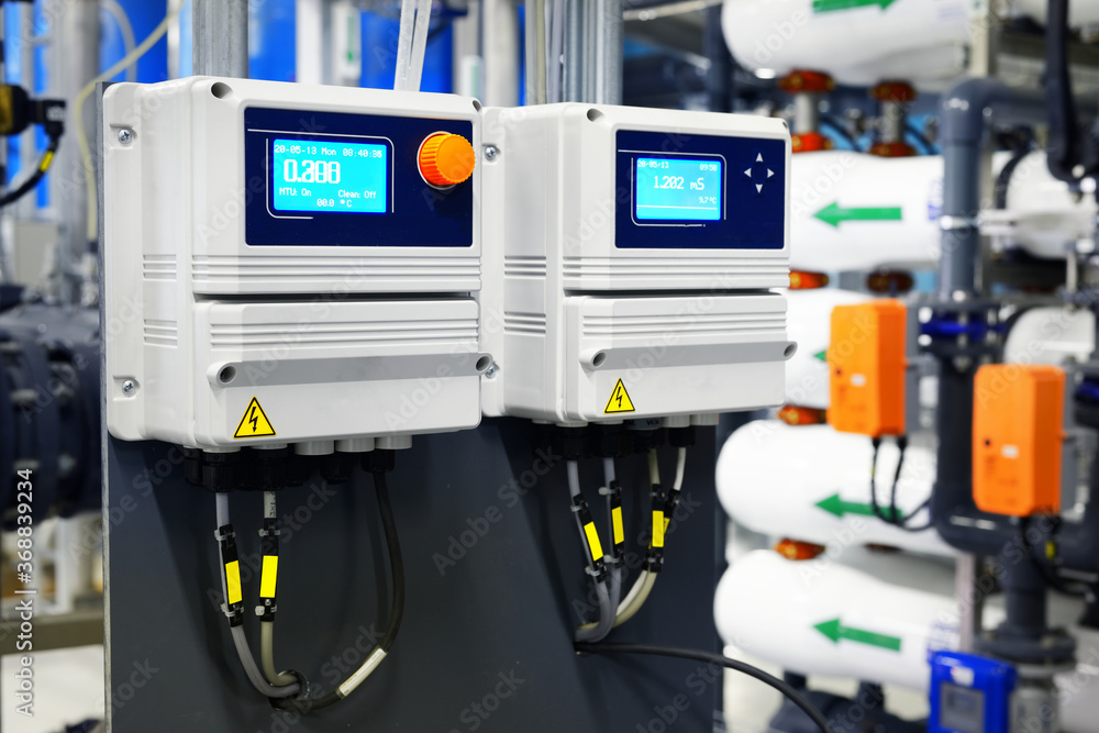 Control unit of a set of water quality control in industrial water treatment boiler room - obrazy, fototapety, plakaty 