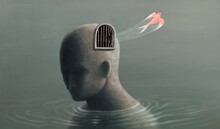 Freedom Life Courage Faith Mind And Hope Concept Idea. Surreal Painting Artwork , Red Bird Flying Out Of Human Cage, Imagination Art 
