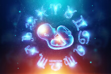 Infant, Child Around 12 Zodiac Signs, Horoscope Signs, Hologram Neon. The Concept Of Fate, Predictions. 3D Graphics, 3D Illustration.