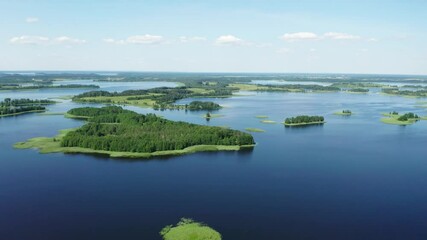 Wall Mural - Drone shot on summer lake. Aerial view of summr landscape lake. 

