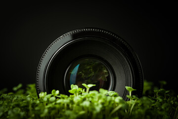 Macro shot of camera lens and fresh green sprouts or micro greens on the black background