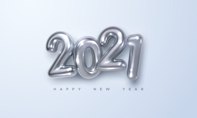 Poster - Happy New 2021 Year. Holiday vector illustration of silver metallic numbers 2021. Realistic 3d sign. Festive poster or banner design