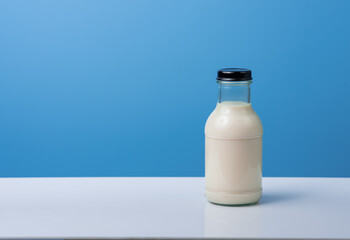 Wall Mural - Bottle of milk on blue color background.